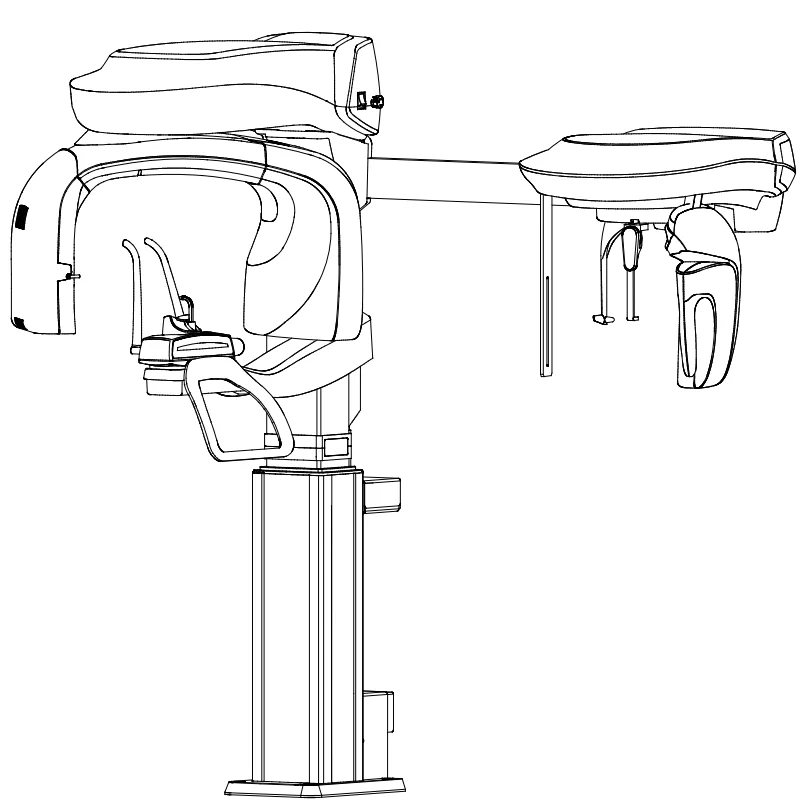 Schéma de l'I-Max Ceph 3D : colonne, bras panoramique et bras céphalométrique